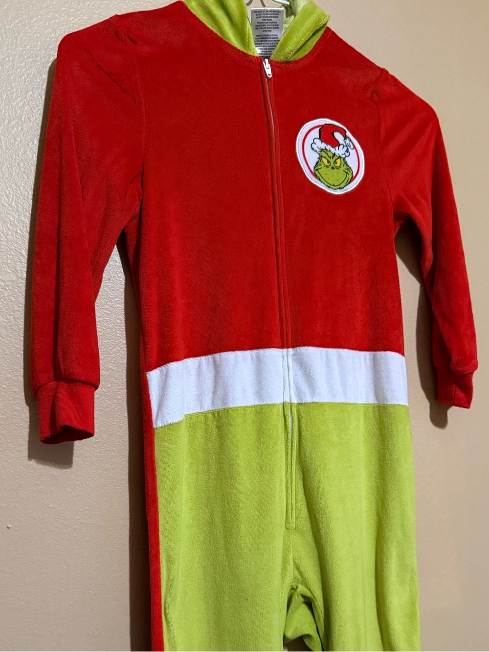 Kids Grinch Fleece One-Piece Footie in Red, Lime, and White